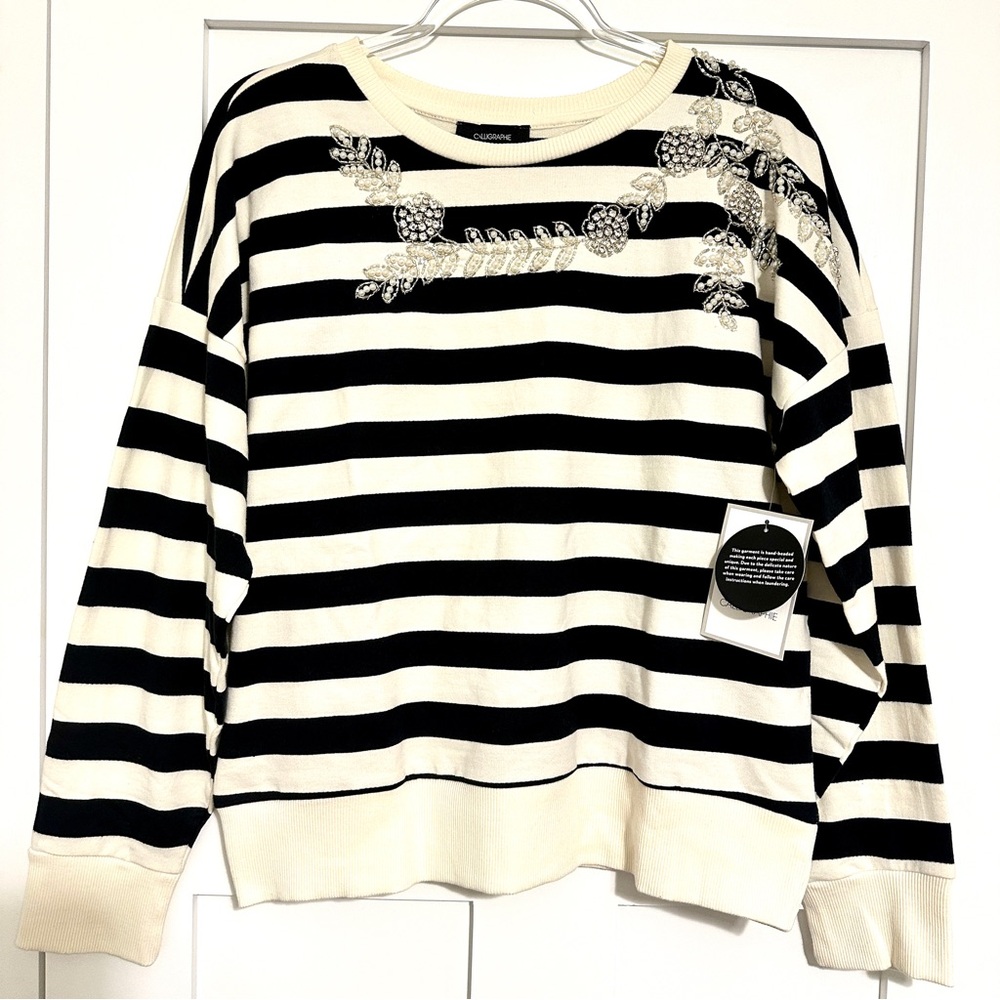 Anthropologie Calligraphie Black & White Striped Sweater With Embellishments • M